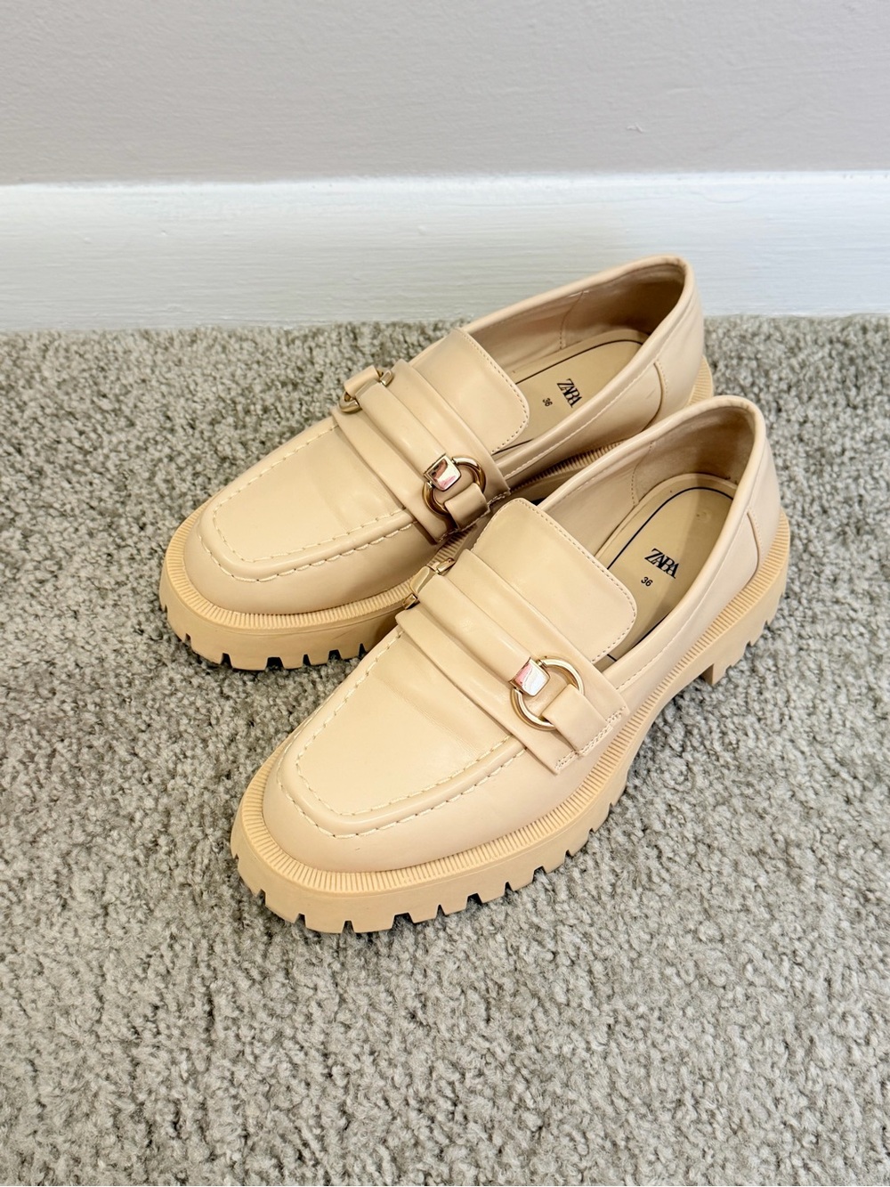 Zara Cream Chunky Lug Loafers with Metal Buckle